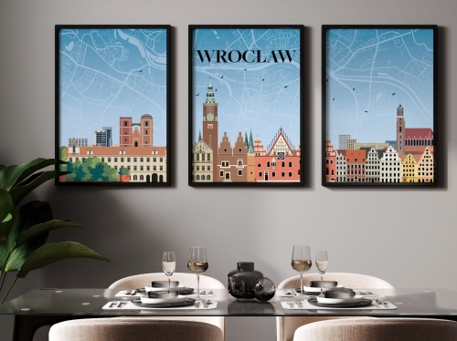 Zestaw 3 plakatów podróżniczych, TRYPTYK Wrocław z mapą