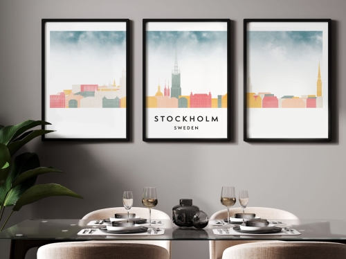Plakat skylines TRYPTYK Sztokholm Stockholm, zestaw 3 plakatów w stylu Watercolor/ Akwarelowym