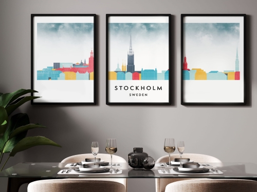 Plakat skylines TRYPTYK Sztokholm Stockholm, zestaw 3 plakatów w stylu Watercolor/ Akwarelowym