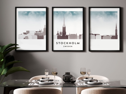 Plakat skylines TRYPTYK Sztokholm Stockholm, zestaw 3 plakatów w stylu Watercolor/ Akwarelowym