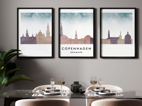 Plakat skylines TRYPTYK Kopenhaga, Copenhagen, zestaw 3 plakatów w stylu Watercolor/ Akwarelowym