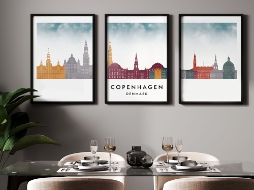 Plakat skylines TRYPTYK Kopenhaga, Copenhagen, zestaw 3 plakatów w stylu Watercolor/ Akwarelowym