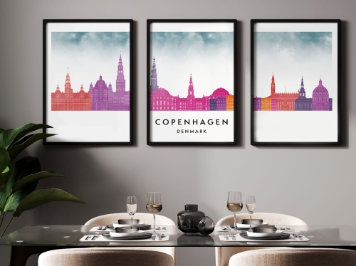Plakat skylines TRYPTYK Kopenhaga, Copenhagen, zestaw 3 plakatów w stylu Watercolor/ Akwarelowym