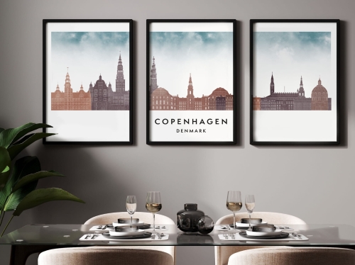 Plakat skylines TRYPTYK Kopenhaga, Copenhagen, zestaw 3 plakatów w stylu Watercolor/ Akwarelowym