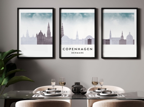 Plakat skylines TRYPTYK Kopenhaga, Copenhagen, zestaw 3 plakatów w stylu Watercolor/ Akwarelowym