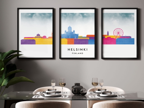 Plakat skylines TRYPTYK Helsinki, zestaw 3 plakatów w stylu Watercolor/ Akwarelowym