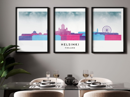 Plakat skylines TRYPTYK Helsinki, zestaw 3 plakatów w stylu Watercolor/ Akwarelowym
