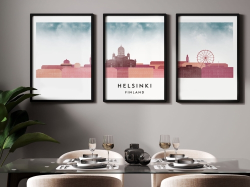 Plakat skylines TRYPTYK Helsinki, zestaw 3 plakatów w stylu Watercolor/ Akwarelowym