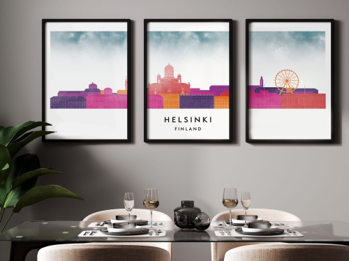 Plakat skylines TRYPTYK Helsinki, zestaw 3 plakatów w stylu Watercolor/ Akwarelowym