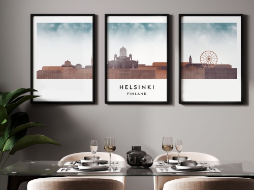 Plakat skylines TRYPTYK Helsinki, zestaw 3 plakatów w stylu Watercolor/ Akwarelowym