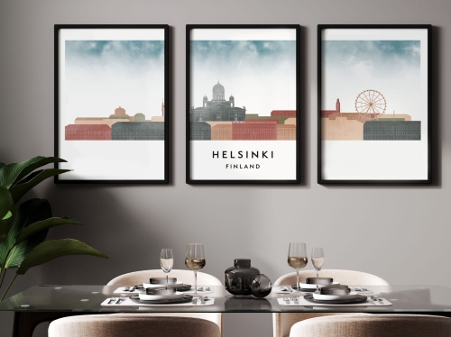 Plakat skylines TRYPTYK Helsinki, zestaw 3 plakatów w stylu Watercolor/ Akwarelowym