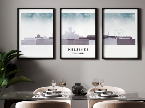 Plakat skylines TRYPTYK Helsinki, zestaw 3 plakatów w stylu Watercolor/ Akwarelowym