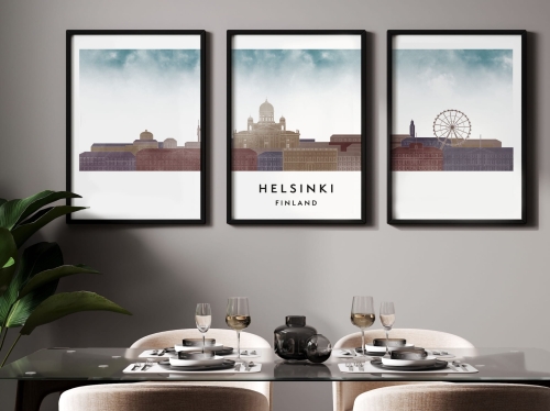 Plakat skylines TRYPTYK Helsinki, zestaw 3 plakatów w stylu Watercolor/ Akwarelowym
