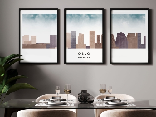 Plakat skylines TRYPTYK Oslo, zestaw 3 plakatów w stylu Watercolor/ Akwarelowym