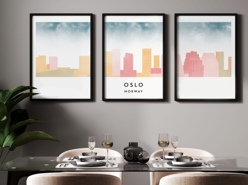 Plakat skylines TRYPTYK Oslo, zestaw 3 plakatów w stylu Watercolor/ Akwarelowym