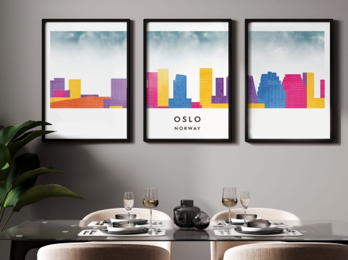 Plakat skylines TRYPTYK Oslo, zestaw 3 plakatów w stylu Watercolor/ Akwarelowym