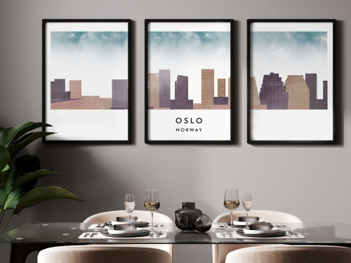 Plakat skylines TRYPTYK Oslo, zestaw 3 plakatów w stylu Watercolor/ Akwarelowym