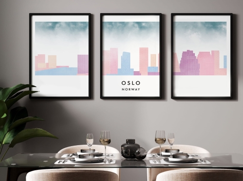Plakat skylines TRYPTYK Oslo, zestaw 3 plakatów w stylu Watercolor/ Akwarelowym