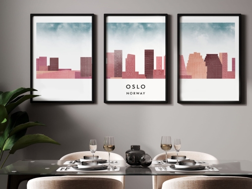 Plakat skylines TRYPTYK Oslo, zestaw 3 plakatów w stylu Watercolor/ Akwarelowym