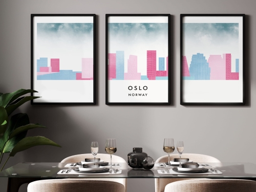 Plakat skylines TRYPTYK Oslo, zestaw 3 plakatów w stylu Watercolor/ Akwarelowym