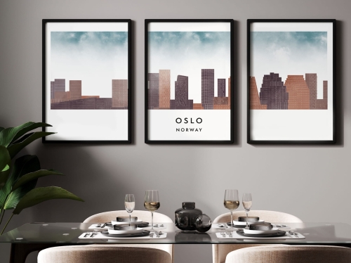 Plakat skylines TRYPTYK Oslo, zestaw 3 plakatów w stylu Watercolor/ Akwarelowym