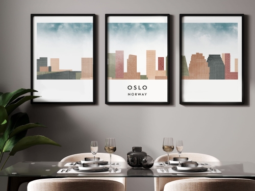 Plakat skylines TRYPTYK Oslo, zestaw 3 plakatów w stylu Watercolor/ Akwarelowym