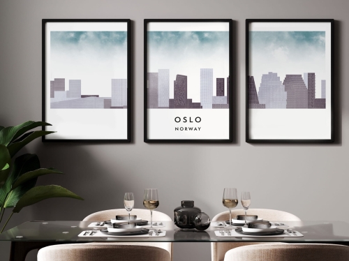Plakat skylines TRYPTYK Oslo, zestaw 3 plakatów w stylu Watercolor/ Akwarelowym