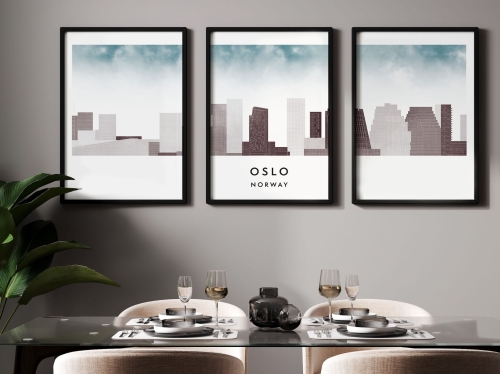 Plakat skylines TRYPTYK Oslo, zestaw 3 plakatów w stylu Watercolor/ Akwarelowym