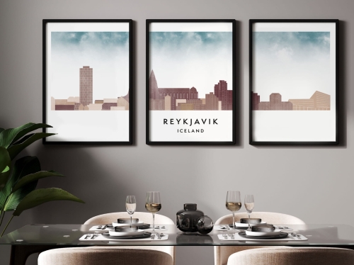Plakat skylines TRYPTYK Reykjavik, zestaw 3 plakatów w stylu Watercolor/ Akwarelowym