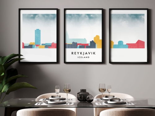 Plakat skylines TRYPTYK Reykjavik, zestaw 3 plakatów w stylu Watercolor/ Akwarelowym