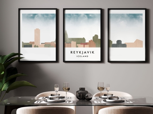 Plakat skylines TRYPTYK Reykjavik, zestaw 3 plakatów w stylu Watercolor/ Akwarelowym