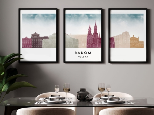 Plakat skylines TRYPTYK Radom, zestaw 3 plakatów w stylu Watercolor/ Akwarelowym