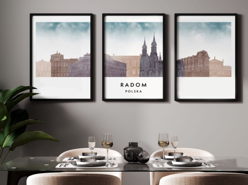 Plakat skylines TRYPTYK Radom, zestaw 3 plakatów w stylu Watercolor/ Akwarelowym