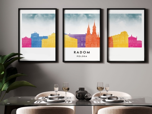 Plakat skylines TRYPTYK Radom, zestaw 3 plakatów w stylu Watercolor/ Akwarelowym