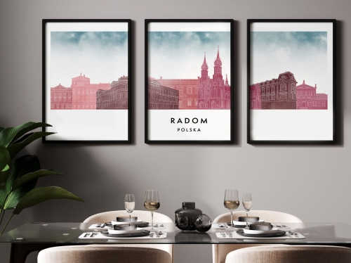 Plakat skylines TRYPTYK Radom, zestaw 3 plakatów w stylu Watercolor/ Akwarelowym