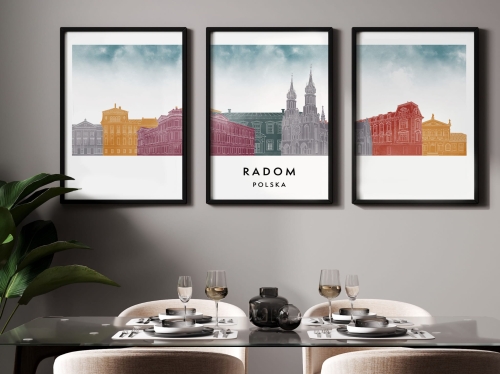 Plakat skylines TRYPTYK Radom, zestaw 3 plakatów w stylu Watercolor/ Akwarelowym