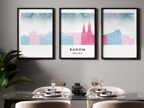 Plakat skylines TRYPTYK Radom, zestaw 3 plakatów w stylu Watercolor/ Akwarelowym