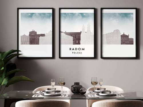 Plakat skylines TRYPTYK Radom, zestaw 3 plakatów w stylu Watercolor/ Akwarelowym