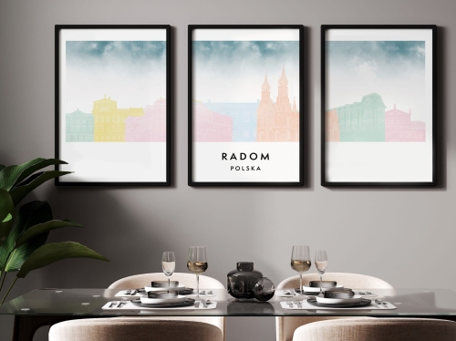 Plakat skylines TRYPTYK Radom, zestaw 3 plakatów w stylu Watercolor/ Akwarelowym