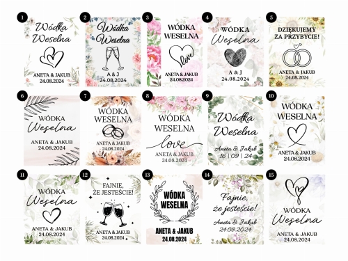 Naklejki na alkohol weselny, Etykiety na wódkę weselną, Naklejki na bimber. RÓŻNE WZORY