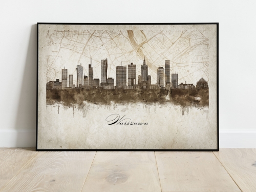 Plakat Skylines Warszawa w stylu Vintage- Poziomy