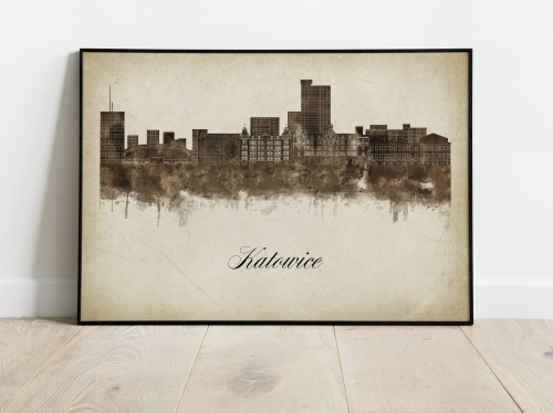 Plakat Skylines Katowice w stylu Vintage- Poziomy