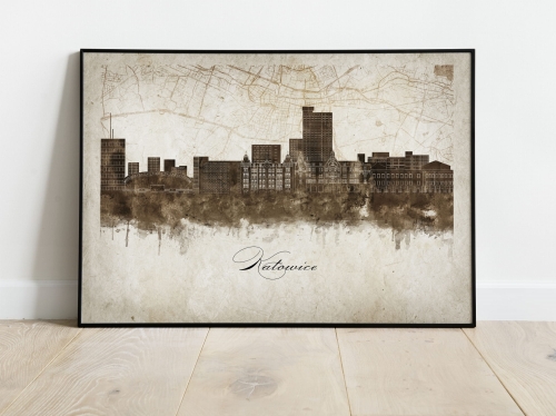 Plakat Skylines Katowice w stylu Vintage- Poziomy