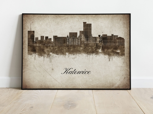 Plakat Skylines Katowice w stylu Vintage- Poziomy
