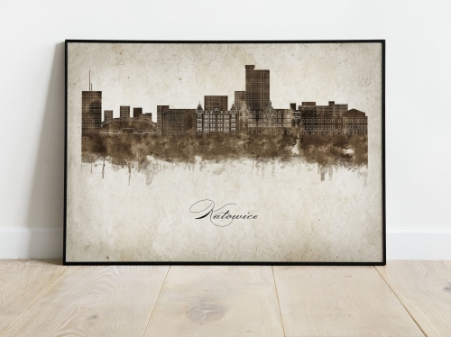 Plakat Skylines Katowice w stylu Vintage- Poziomy