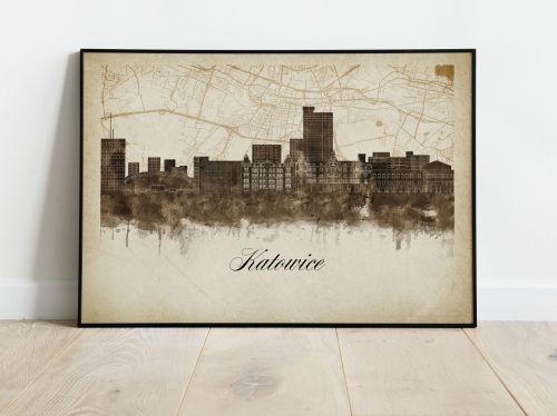 Plakat Skylines Katowice w stylu Vintage- Poziomy
