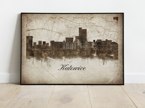 Plakat Skylines Katowice w stylu Vintage- Poziomy