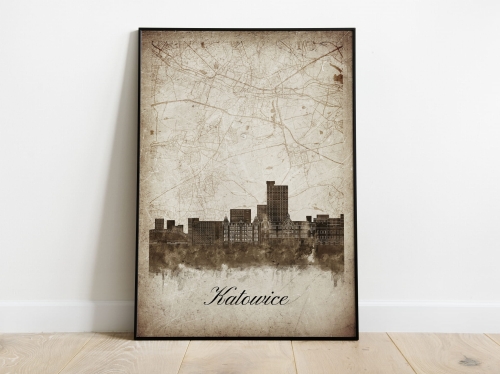 Plakat Skylines Katowice w stylu Vintage- Pionowy