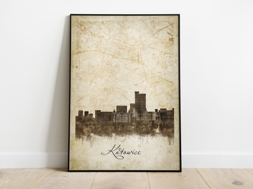 Plakat Skylines Katowice w stylu Vintage- Pionowy