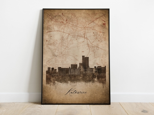 Plakat Skylines Katowice w stylu Vintage- Pionowy